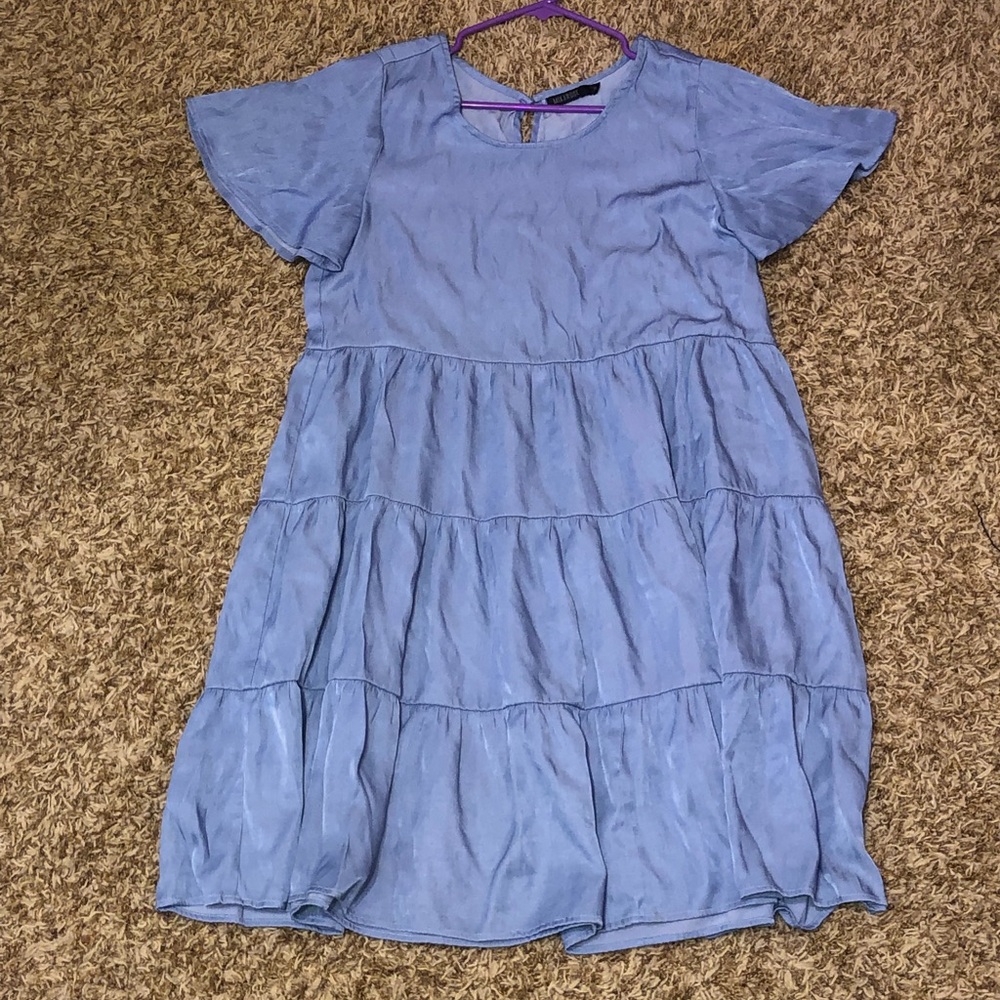 denim color flowy dress hits below the knee same as pink one on my page